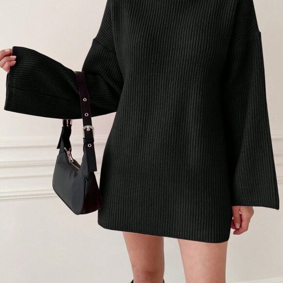 Black Casual Women's High Neck Drop Shoulder Sleeve Sweater - Picture 5 of 5